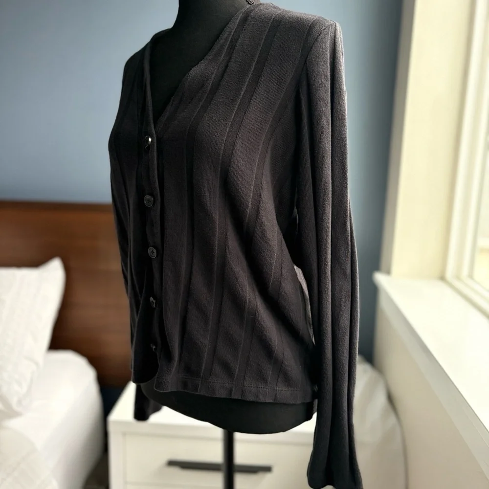 Madewell Black V-Neck Button-Up Cardigan with Stripe Detail